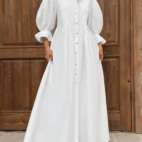 White Casual Women's Loose Fit Dress With Pleated Collar And Flared Sleeves - Picture 6 of 7